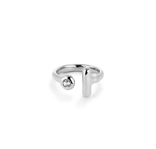 Silver Plated Bar and White Topaz Open Ring