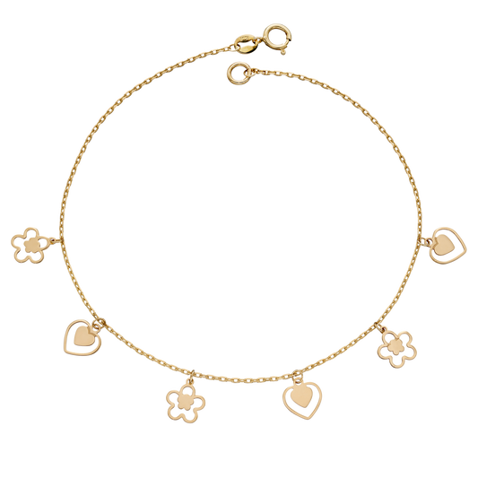 9ct Yellow Gold Fine Heart and Flower Bracelet