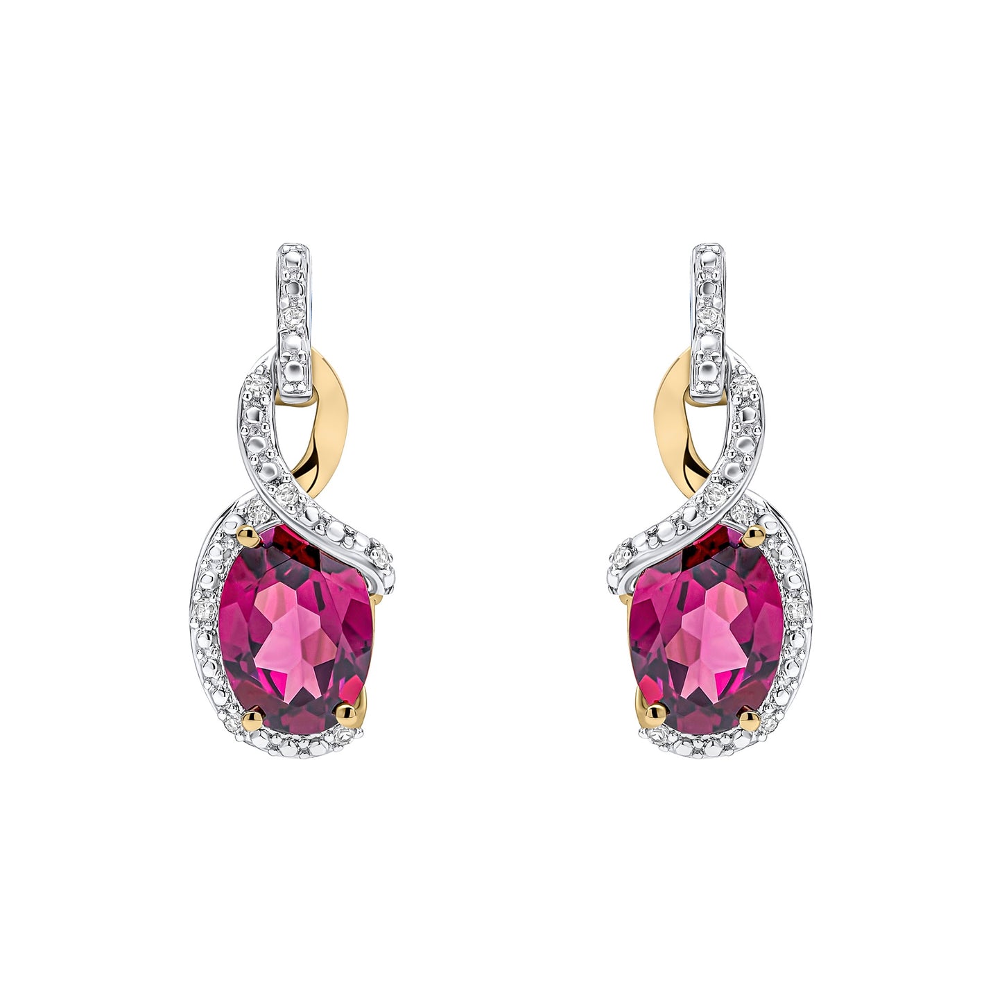 GE2481M 9ct YG Diamond + Rhodolite Garnet twist Earrings