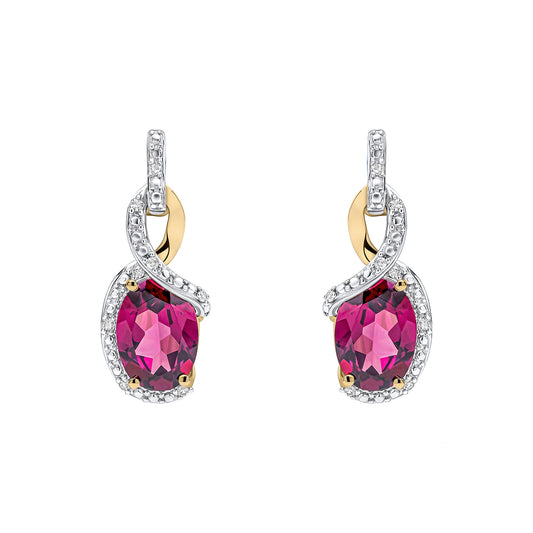 GE2481M 9ct YG Diamond + Rhodolite Garnet twist Earrings