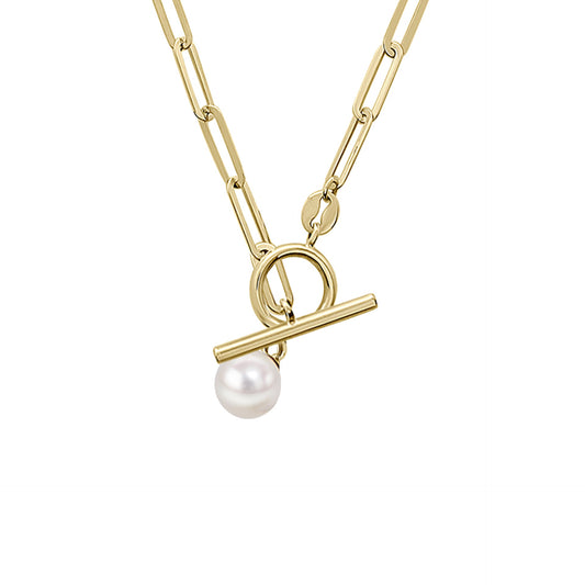 9ct Yellow Gold Fresh Water Pearl T-Bar Paper link Chain Necklace