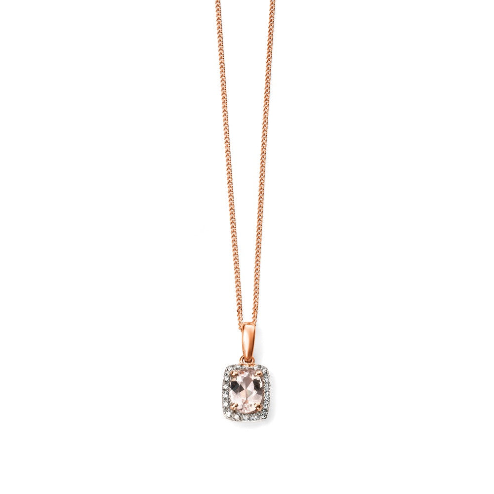 9ct Rose Gold Rectangular Morganite and Diamond Cluster Pendant