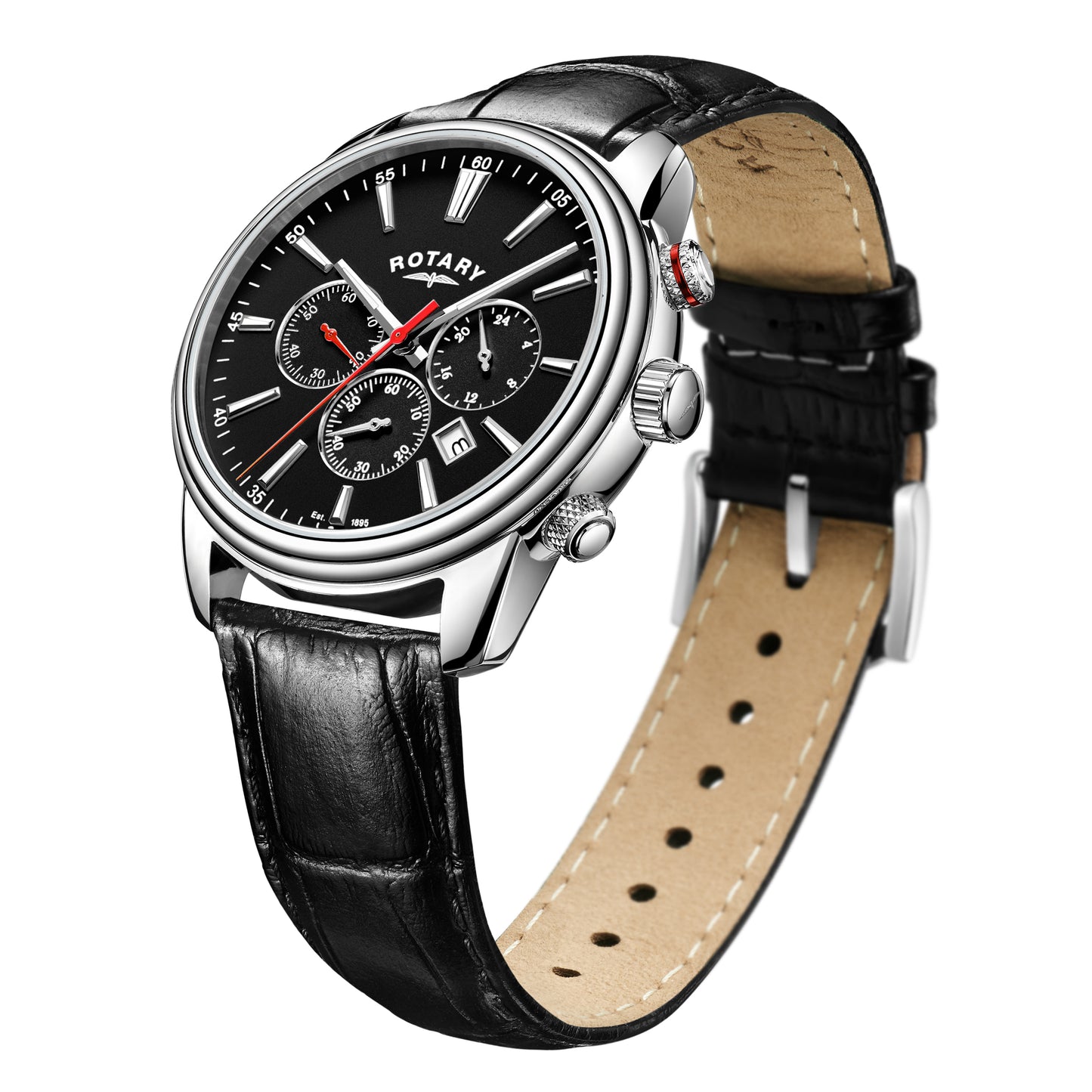 Stainless Steel Chronograph Watch with Black Strap