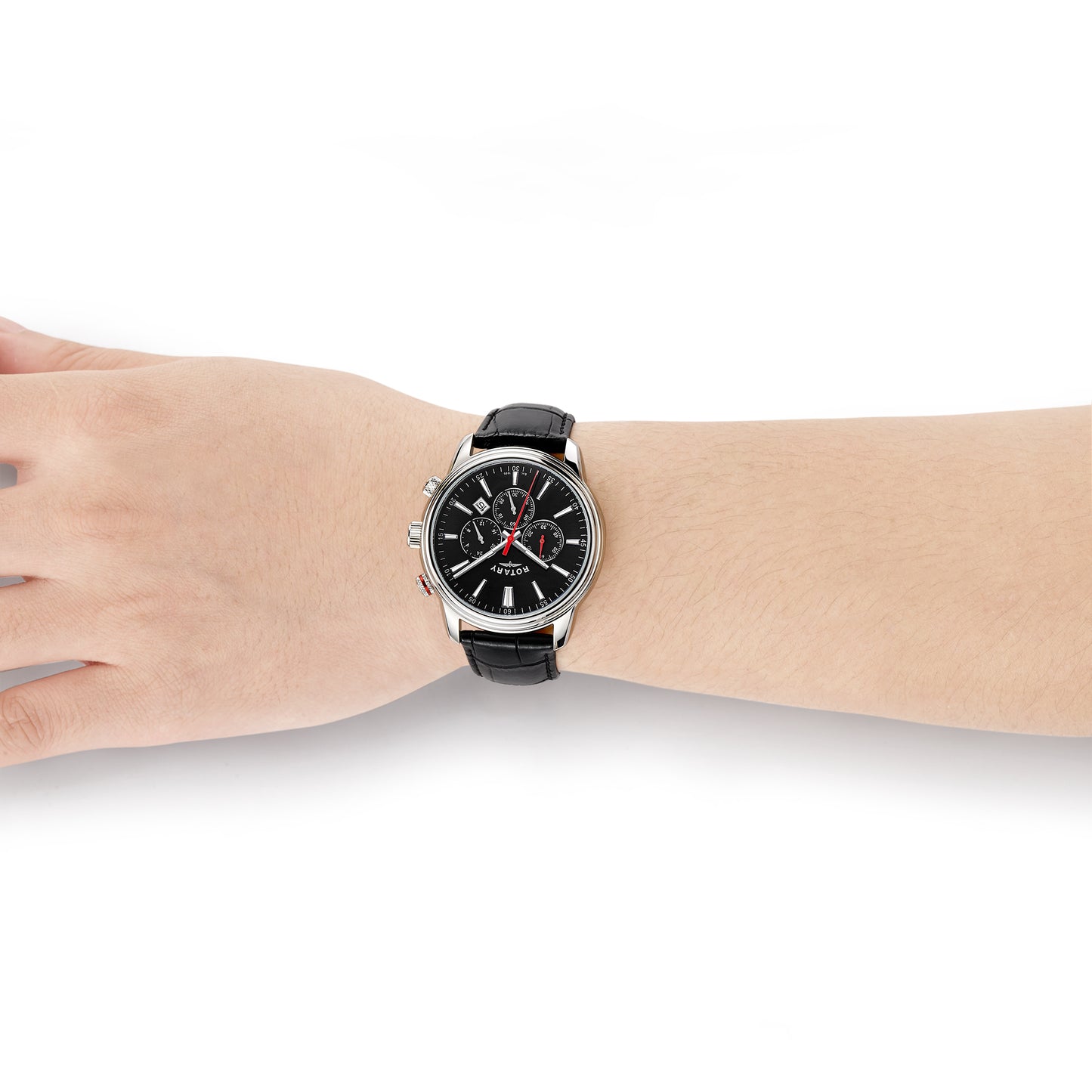 Stainless Steel Chronograph Watch with Black Strap